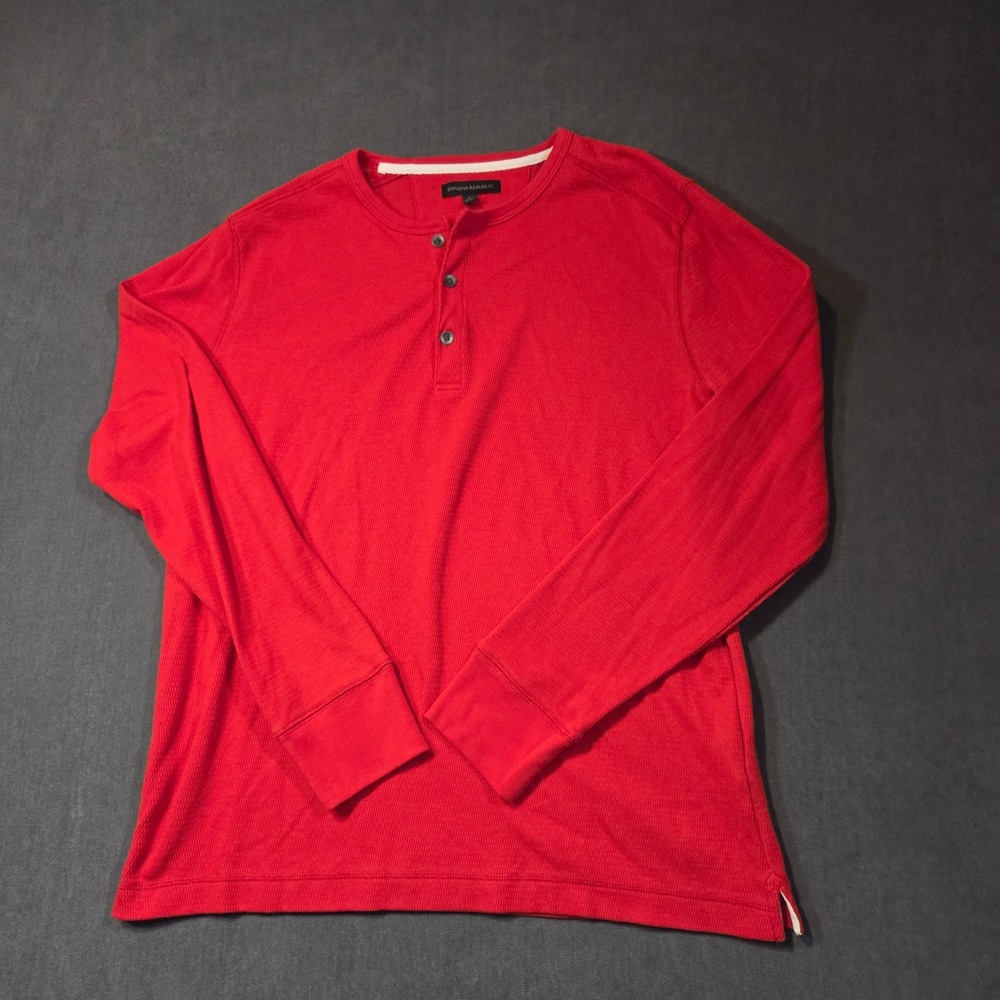 Banana Republic Henley Shirt Mens L Red Core Temp Waffle Knit Long Sleeve